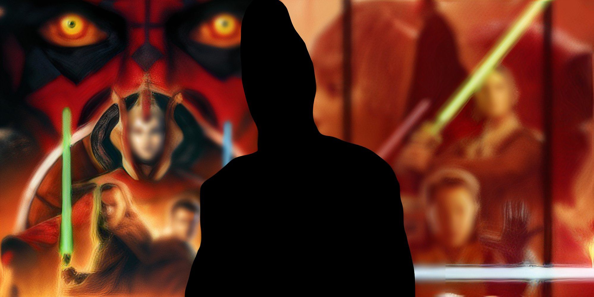 A blacked out image of Ki-Adi-Mundi in The Acolyte (2024) between the posters for the show and Star Wars: Episode I - The Phantom Menace (1999)