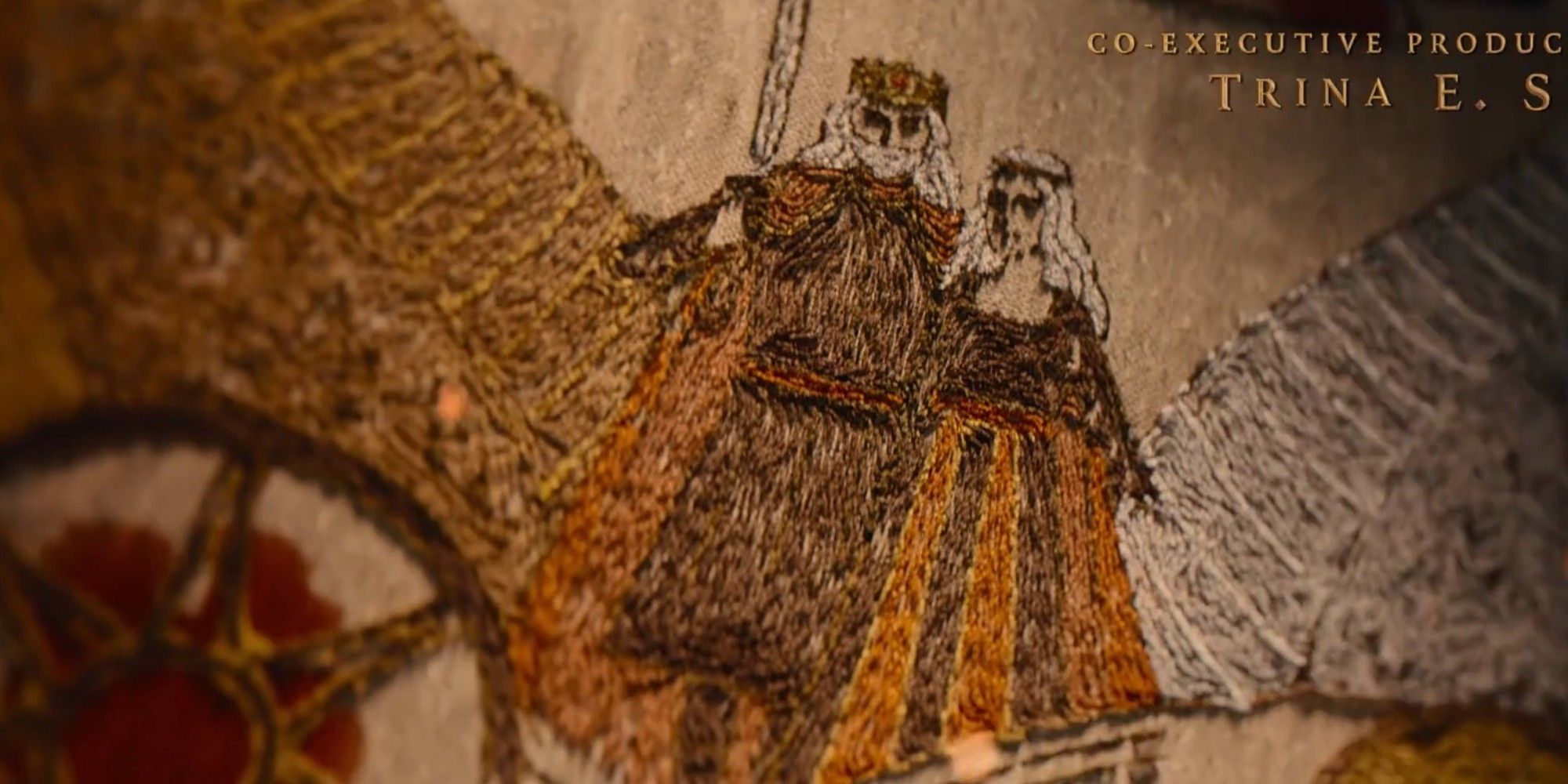 Rei Jaehaerys I Targaryen e Alysanne na arte da tapeçaria dos créditos de abertura da 1ª temporada de House of the Dragon