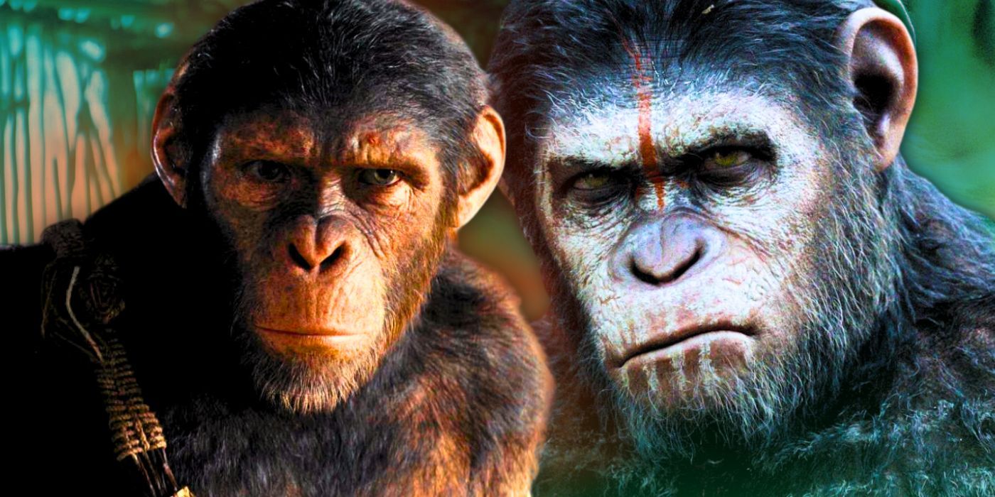 An SR original image showing Noa (left) from Rise of the Planet of the Apes next to a stern-looking Caesar from Rise of the Planet of the Apes.