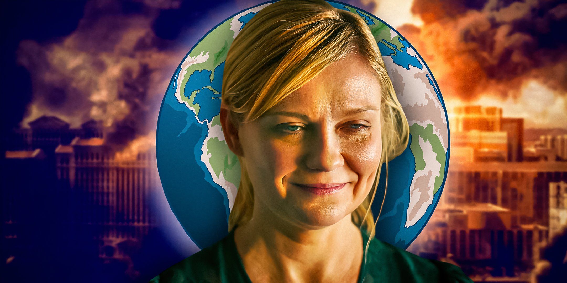 Kirsten Dunst as Lee, looking upset, with a city and a globe behind her from Alex Garland's Civil War