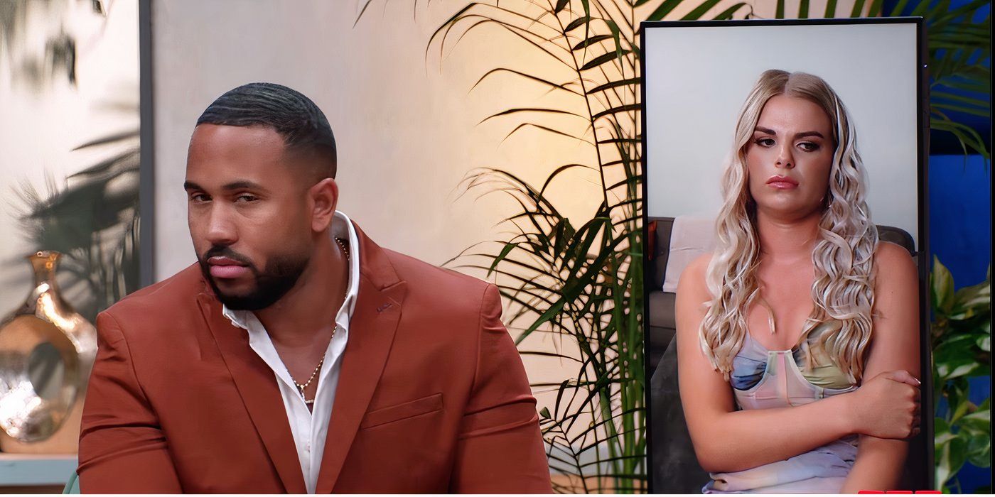 Kirsten Schoemaker in a blue dress and Julio Moya in tan blazer in 90 Day Fiancé The Other Way season 5 tell all