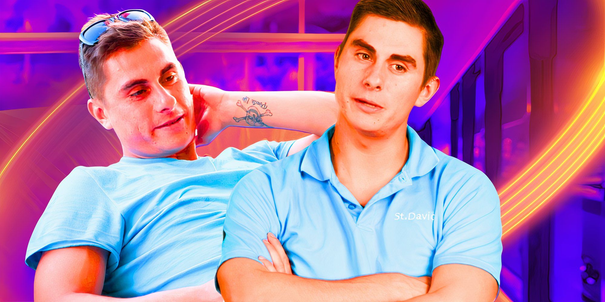 Kyle Stillie from Below Deck Season 11 in montage featuring two shots of him with purple and yellow background