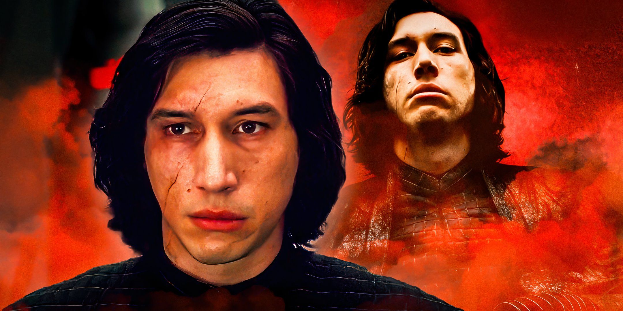 Kylo Ren (Adam Driver) with a sad look on his face and standing in a cloud of red smoke with his chin up in Star Wars: The Last Jedi