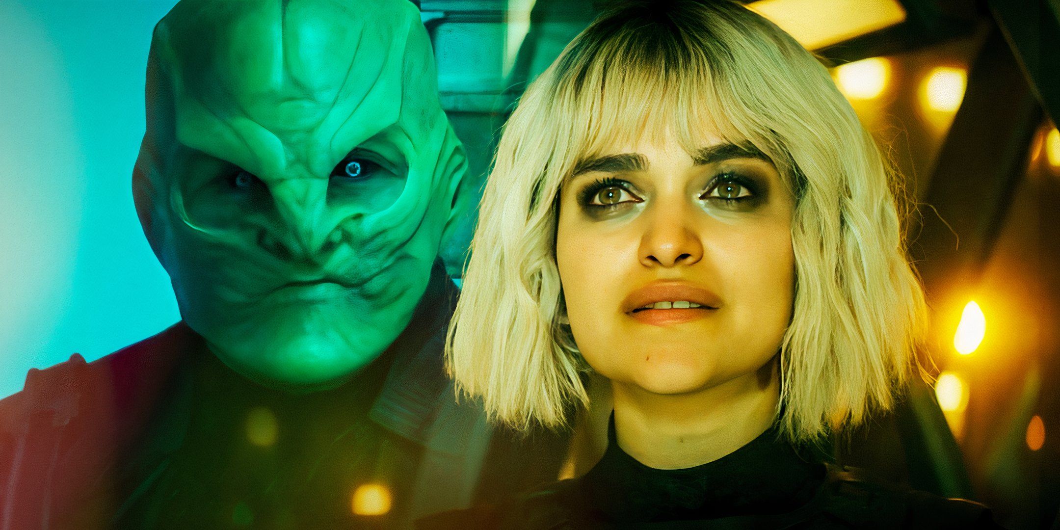 Elias Toufexis as L'ak and Eve Harlow as Moll in Star Trek Discovery