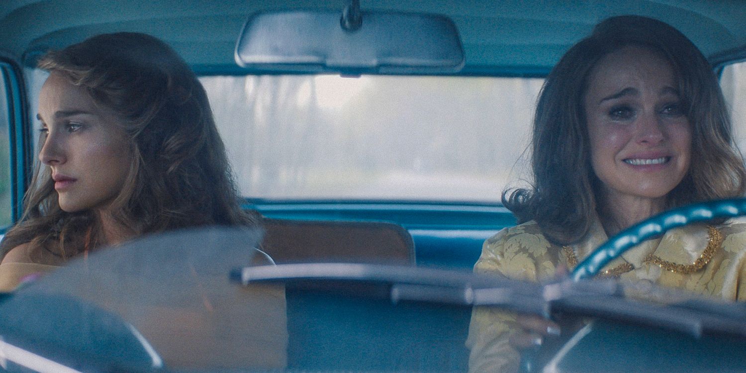 In a car, two different versions of Maddie Schwartz (Natalie Portman) in Lady in the Lake