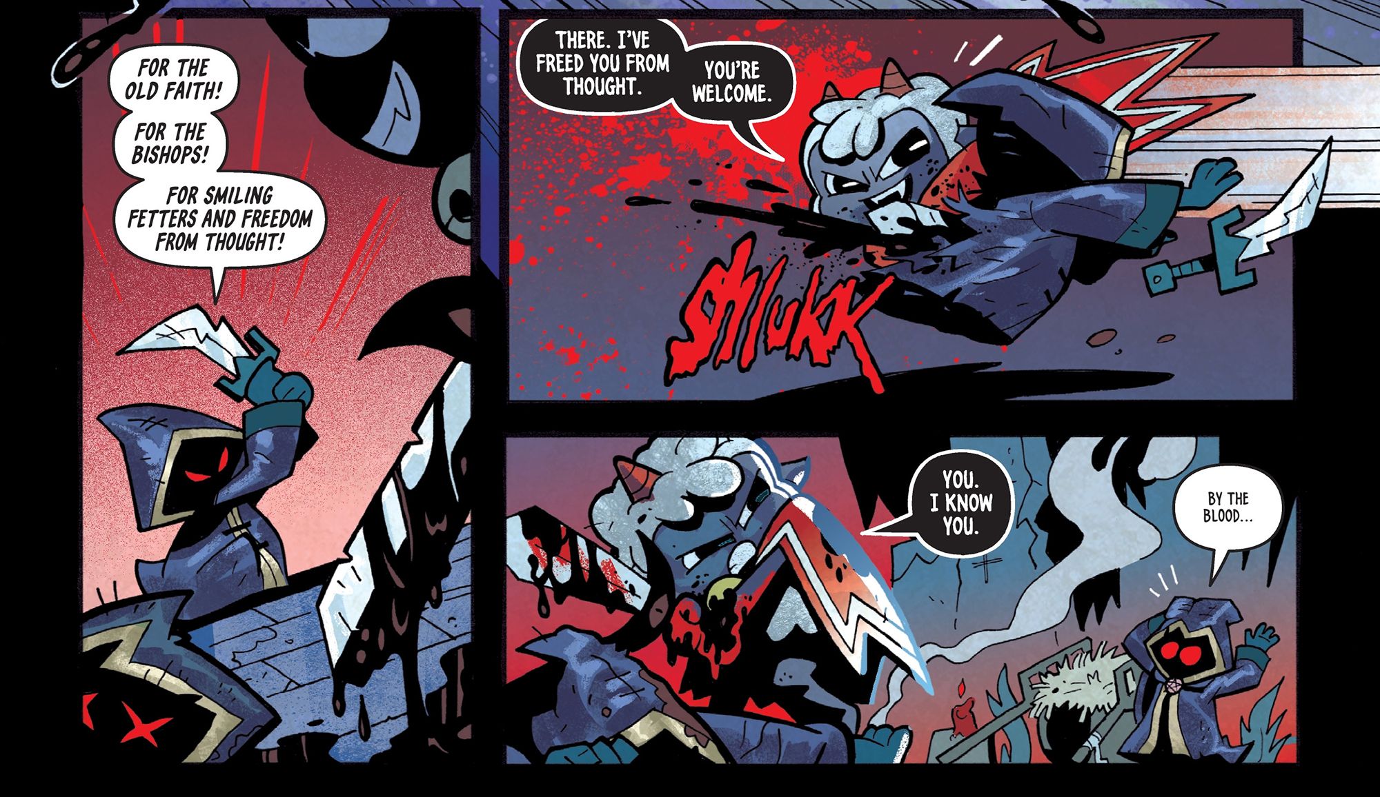 Panels from Cult of the Lamb #1 - the Lamb kills the heretics violently, without remorse and with quips.