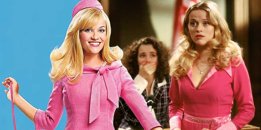 A composite image of Elle Woods standing in pink in front of the US Capitol and Elle looking shocked in court in Legally Blonde