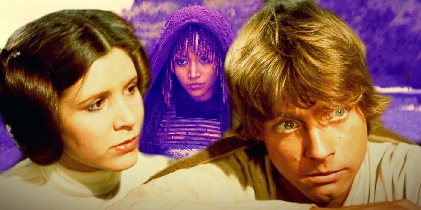 Leia looking at Luke in A New Hope in the foreground with Mae from The Acolyte in a purple hue in the background