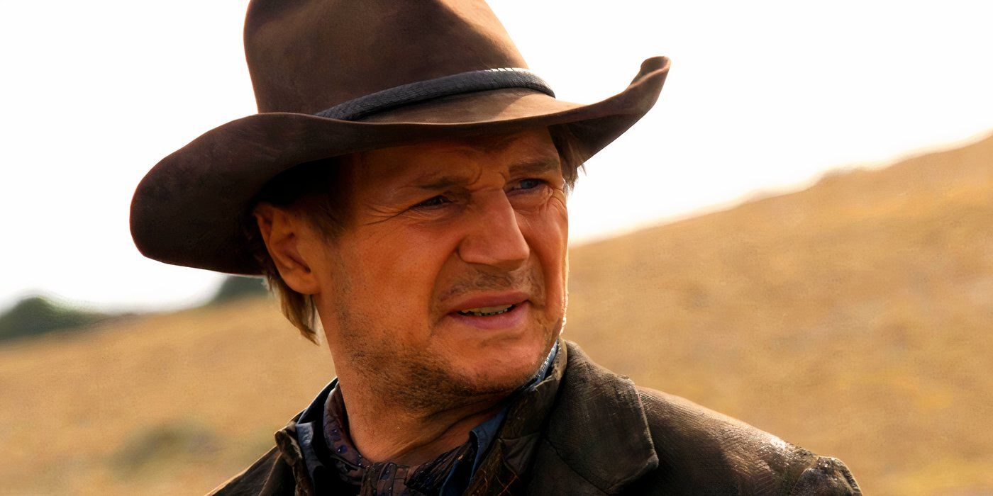 Liam Neeson as Clinch Leatherwood Grimacing in A Million Ways to Die in the West