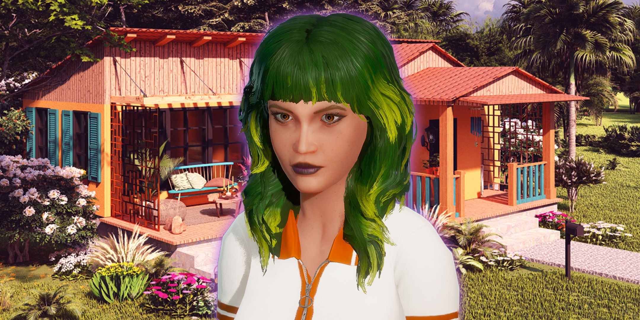 A green-haired Life by You character in front of a house from the game&rsquo;s promotional material.