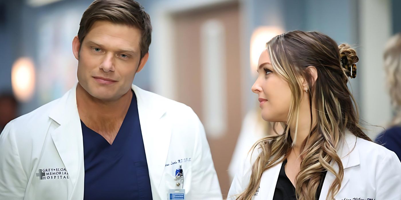 Link (Chris Carmack) and Jo Wilson (Camilla Luddington) chatting in the hall in Grey's Anatomy season 20