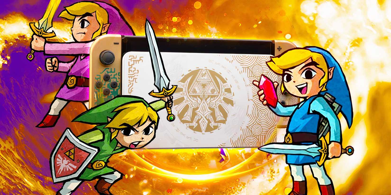 Link from Zelda Four Swords on a gold TOTK Nintendo Switch.