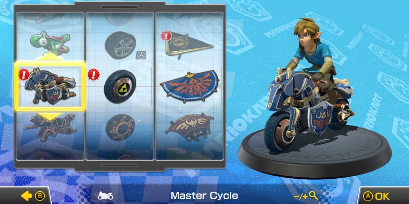 Link equipped with Master Cycle in Mario Kart 8.