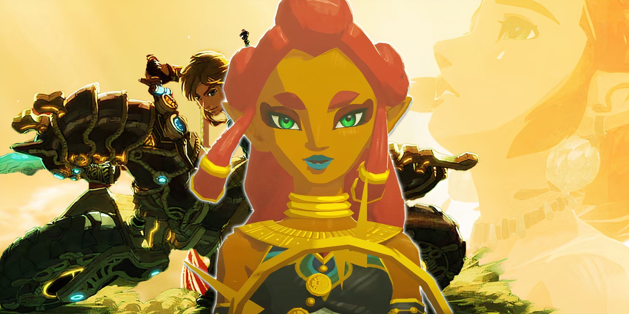Lady Riju from Zelda BOTW with link on the master cycle behind her.