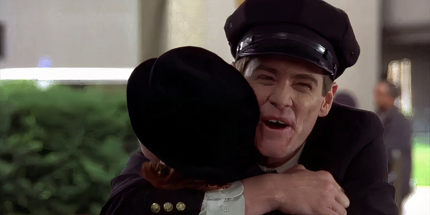 Lloyd (Jim Carrey) hugs Mary (Lauren Holly) in Dumb and Dumber