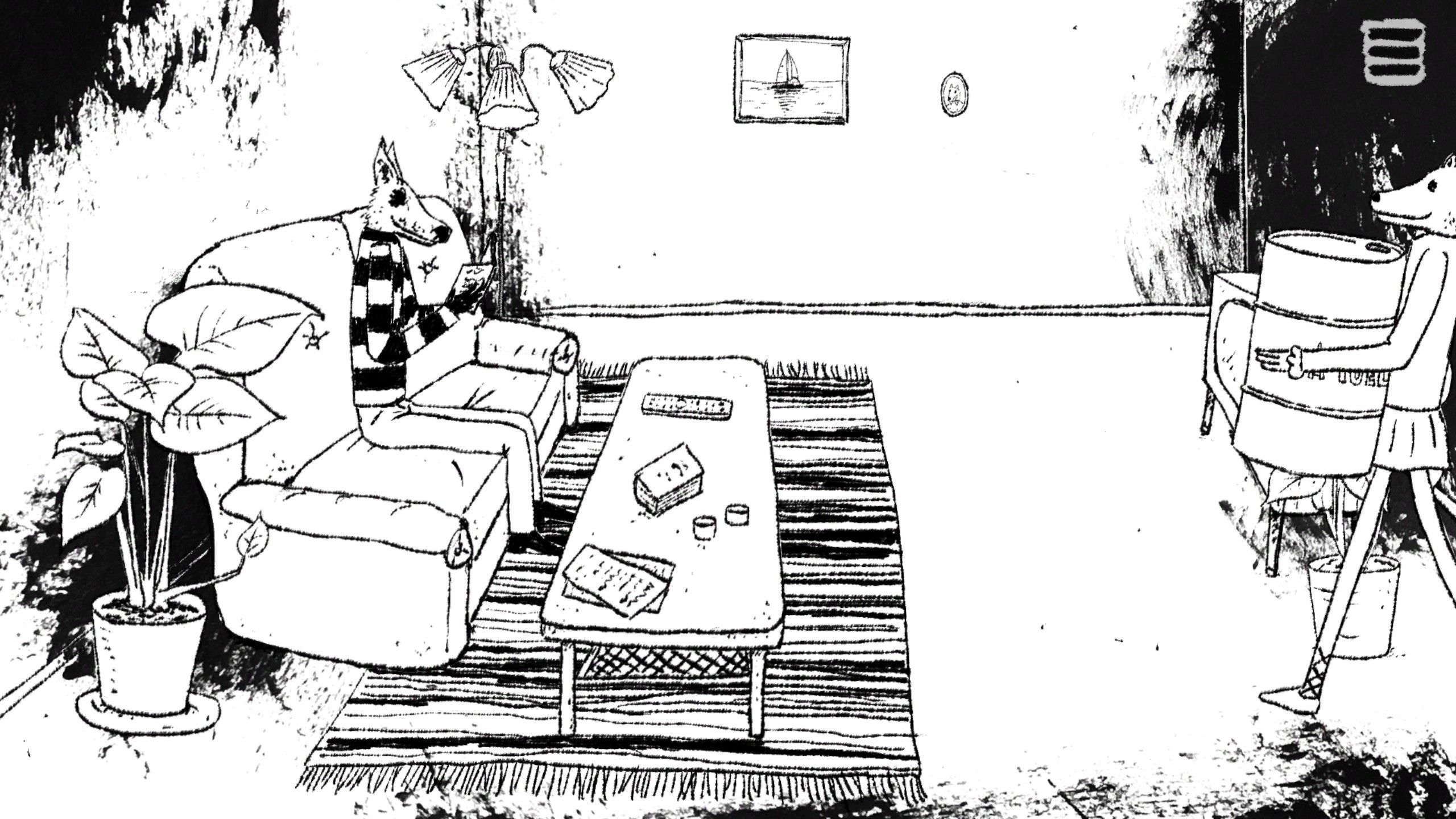 O personagem canino de Looped está sentado em um sofá enquanto seu parceiro entra na sala carregando uma lata de combustível