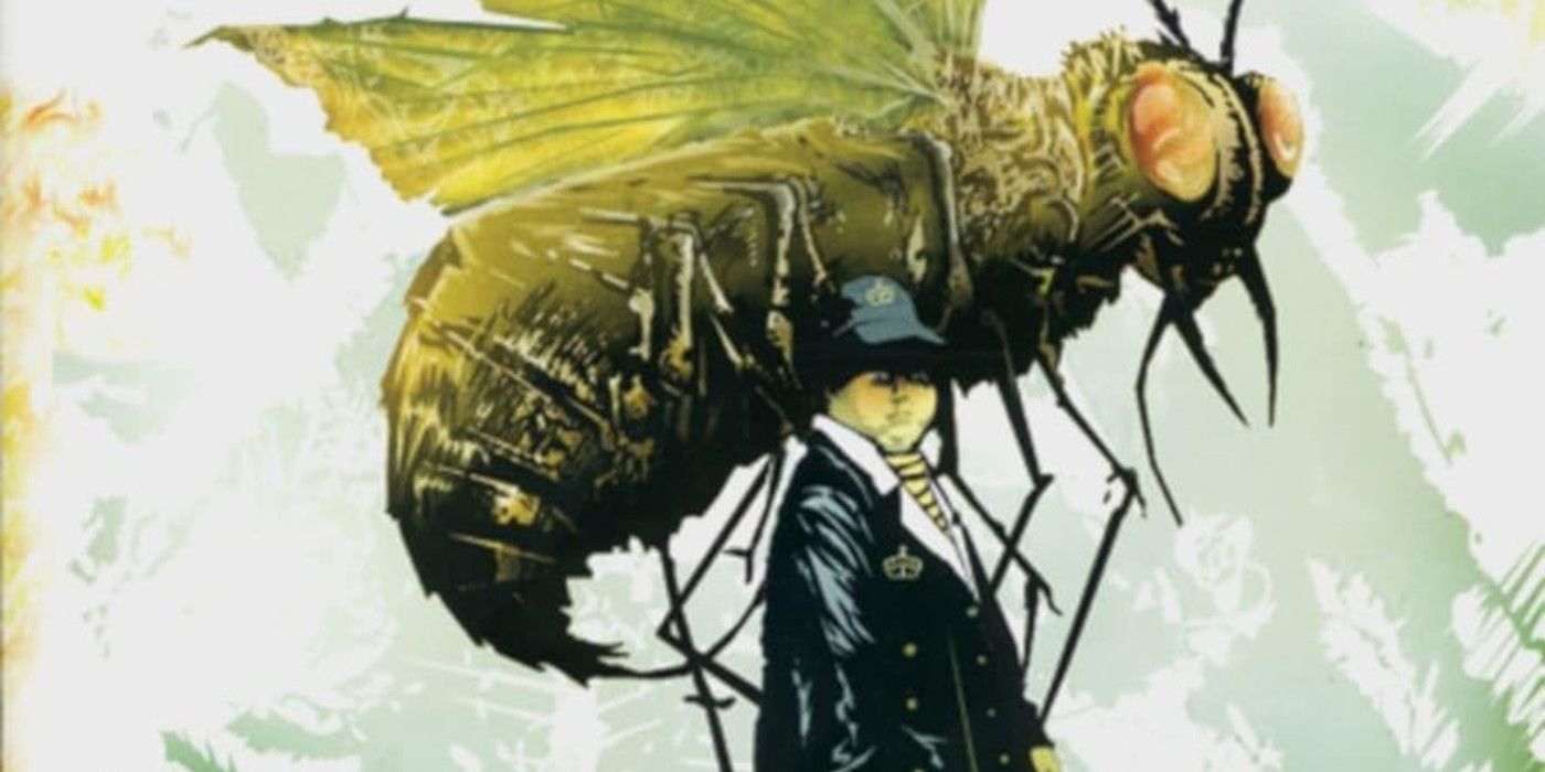 Capa do Senhor das Moscas com uma criança de uniforme e chapéu e uma mosca gigante