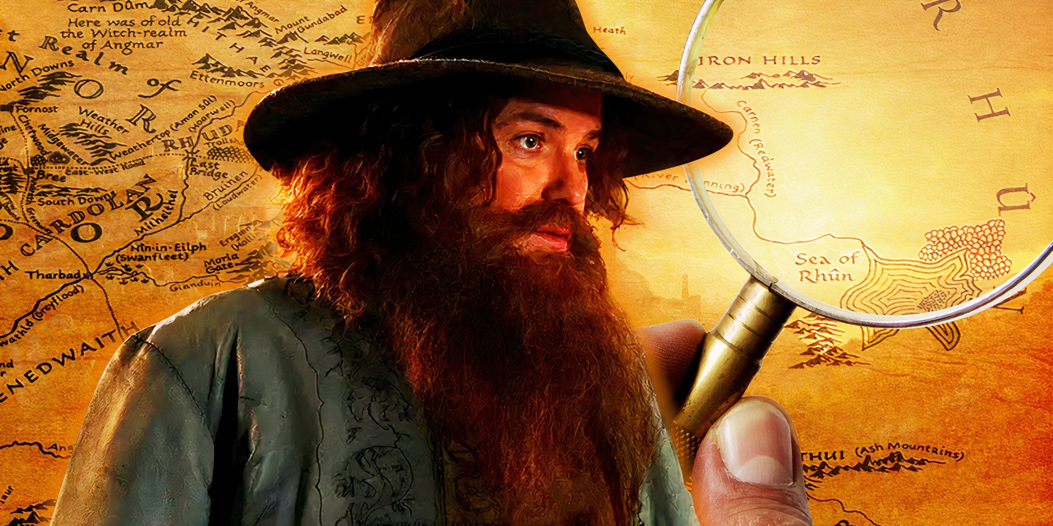 Rory Kinnear as Tom Bombadil in Lord of the Rings: The Rings of Power over a map of Middle-earth.