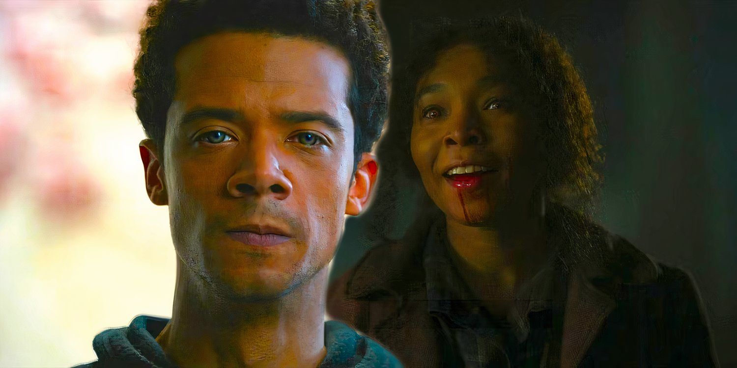 Jacob Anderson as Louis de Pointe du Lac holding back his rage next to Delainey Hayles as Claudia smiling with blood on her lip in Interview with the Vampire season 2