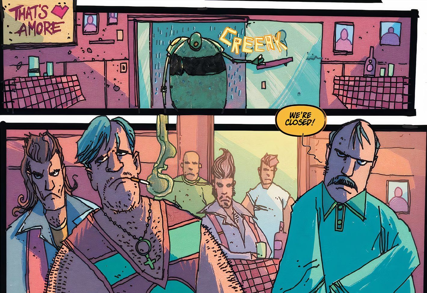 Love Me #1, a robot is rejected from a bar full of human patrons.