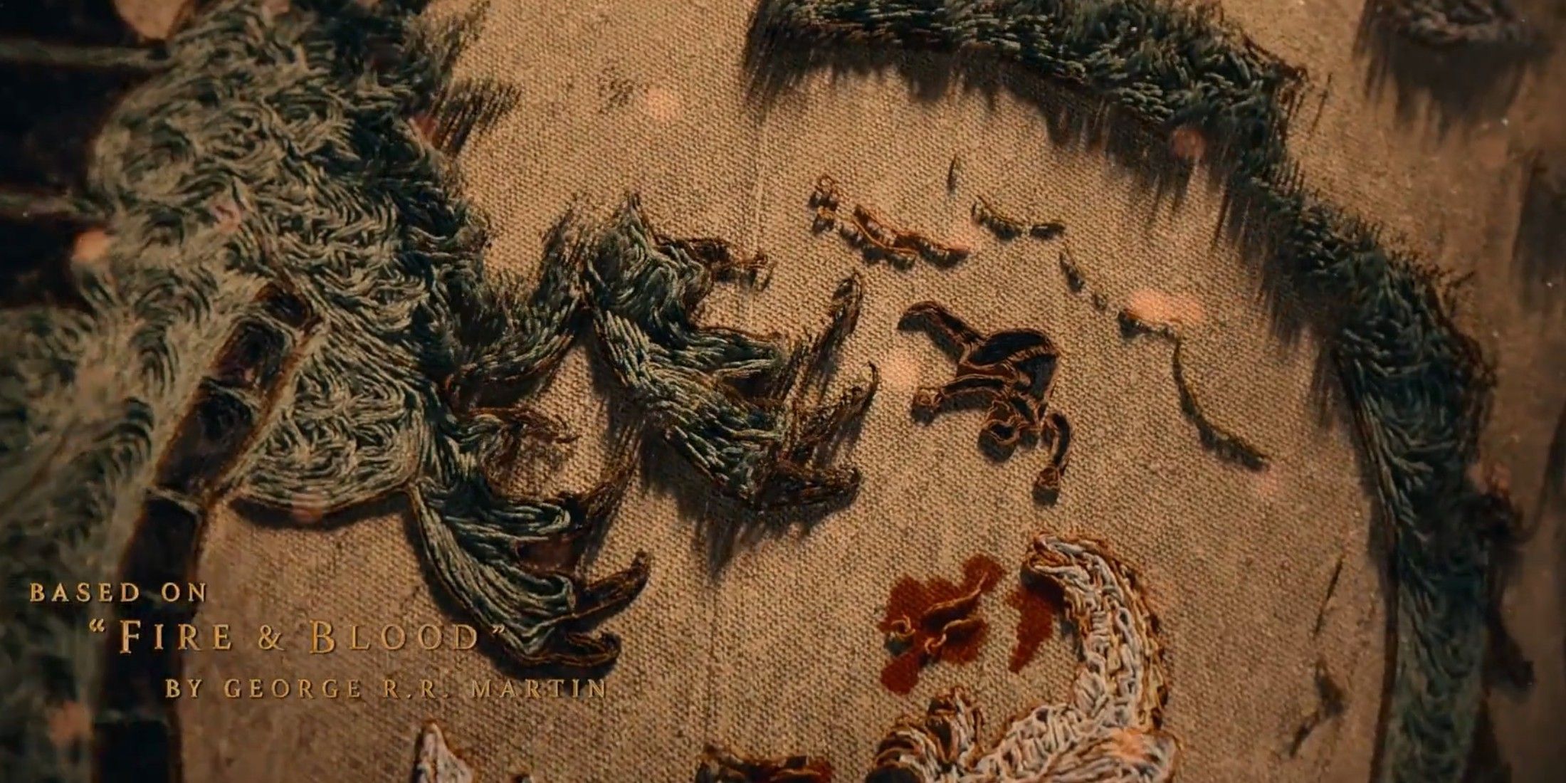 Lucerys, Arrax, Aemond e Vhagar na arte da tapeçaria nos créditos de abertura da 2ª temporada de House of the Dragon