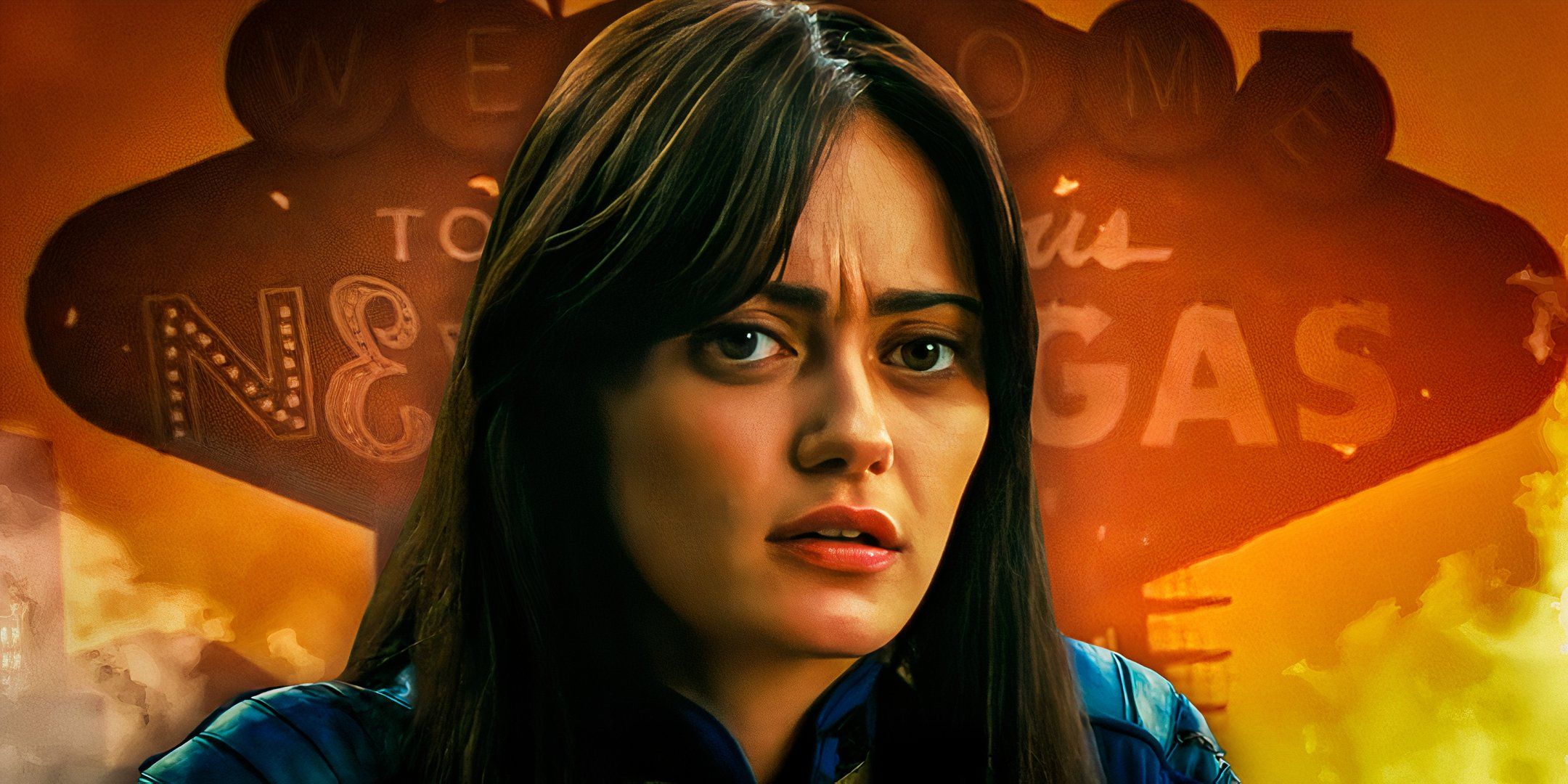 Lucy MacLean (Ella Purnell) looking worried in front of the sign for New Vegas in the Fallout TV show