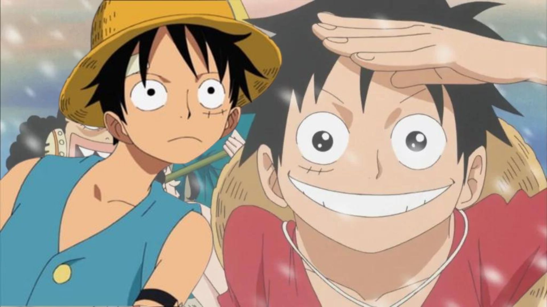 Luffy leaning on the right side with a Luffy on the background looking over with sparkling eyes