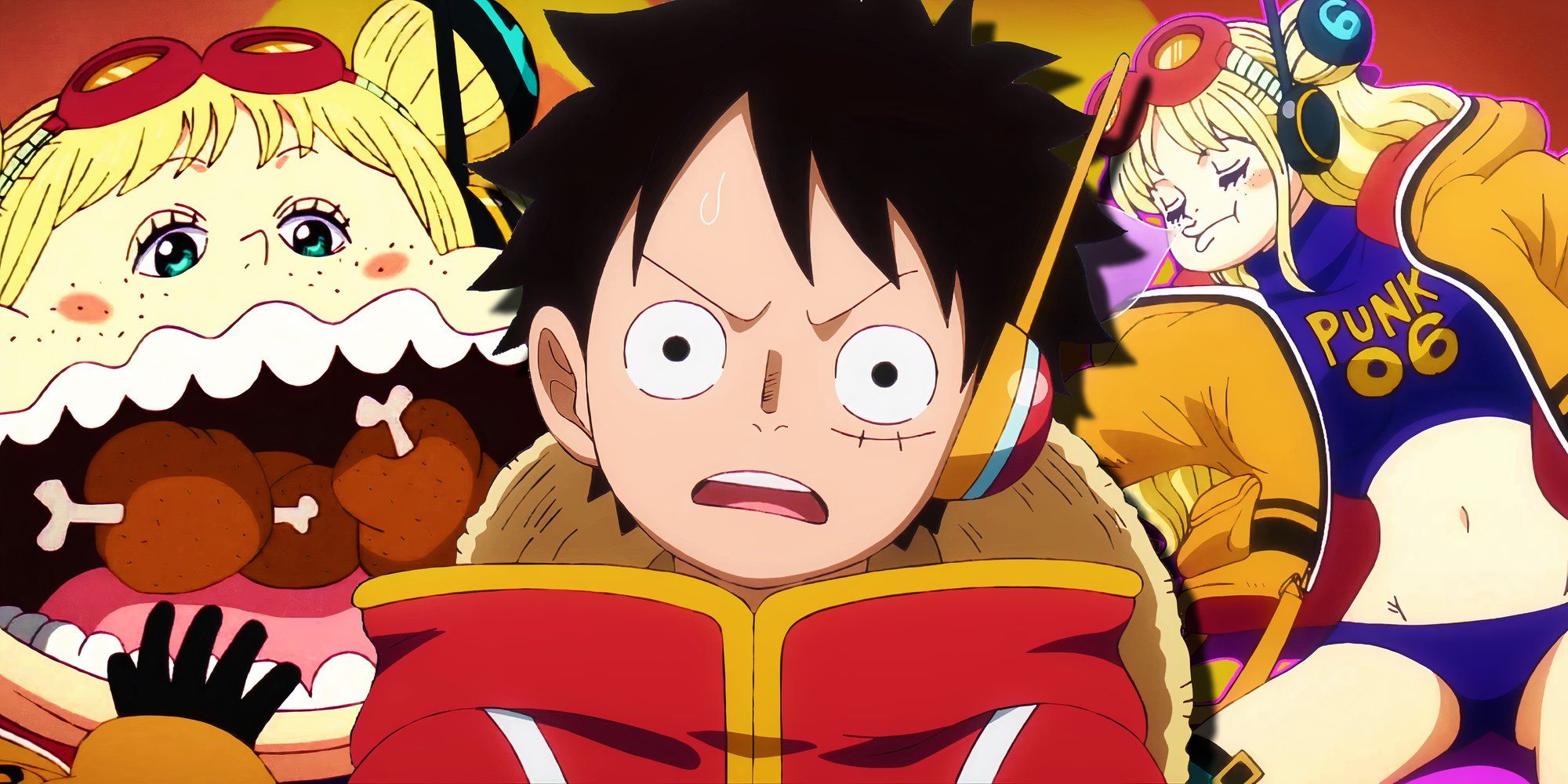 Luffy looking confused in one piece in his egghead outfit with york in the background eating and sleeping