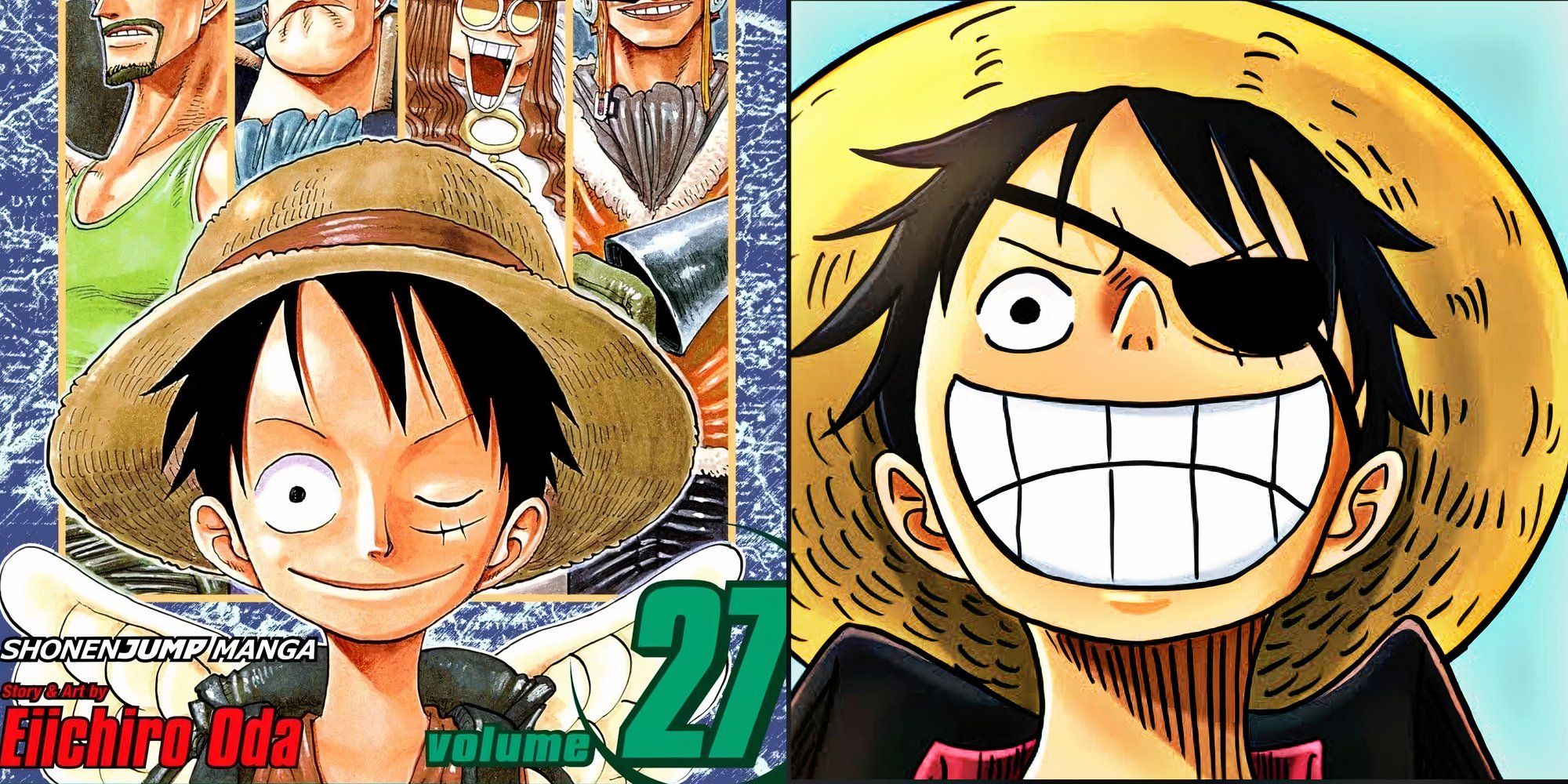 luffy winking on the cover of volume 27 of one piece and luffy with an eye patch