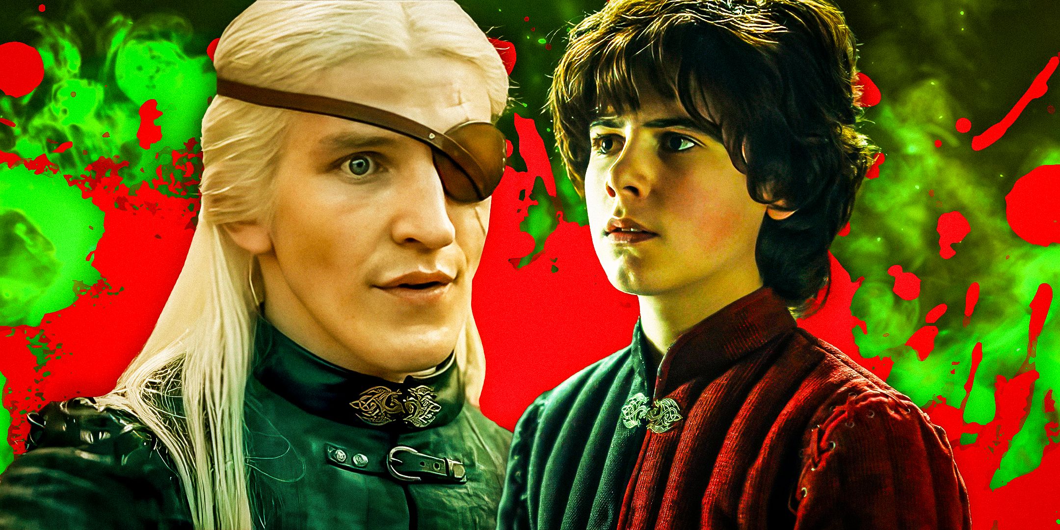 Ewan Mitchell as Aemond Targaryen and Elliot Grihault as Lucerys Velaryon in House of the Dragon with a green and red background