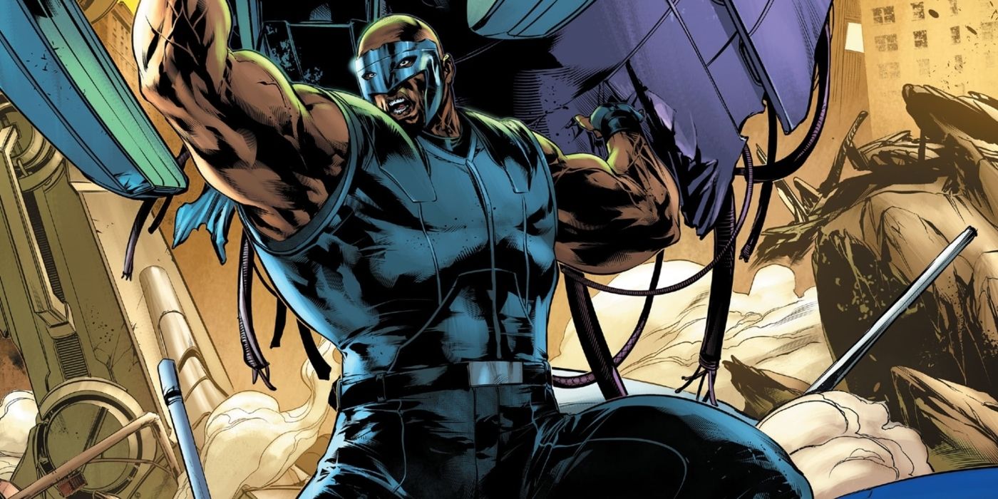 Luke Cage vestindo sua fantasia de Gang War, levantando destroços.