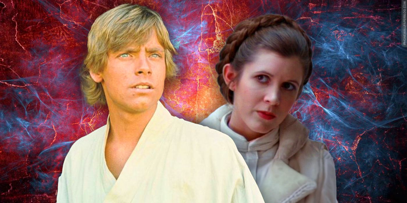 Luke Skywalker looking up curiously and Leia Organa looking to one side both from A New Hope in front of a colorful background