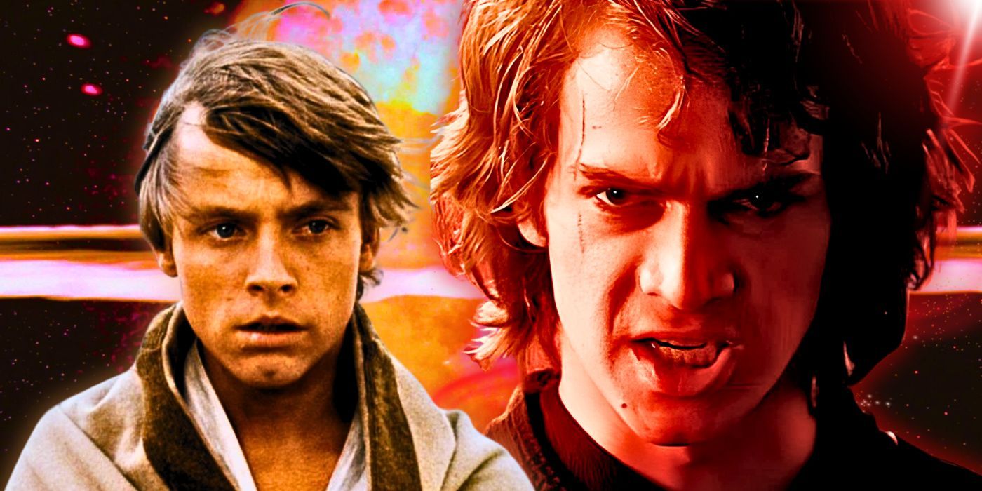 Luke Skywalker to the left looking upset and Anakin Skywalker to the right looking angry in a combined image with the Death Star exploding in the background