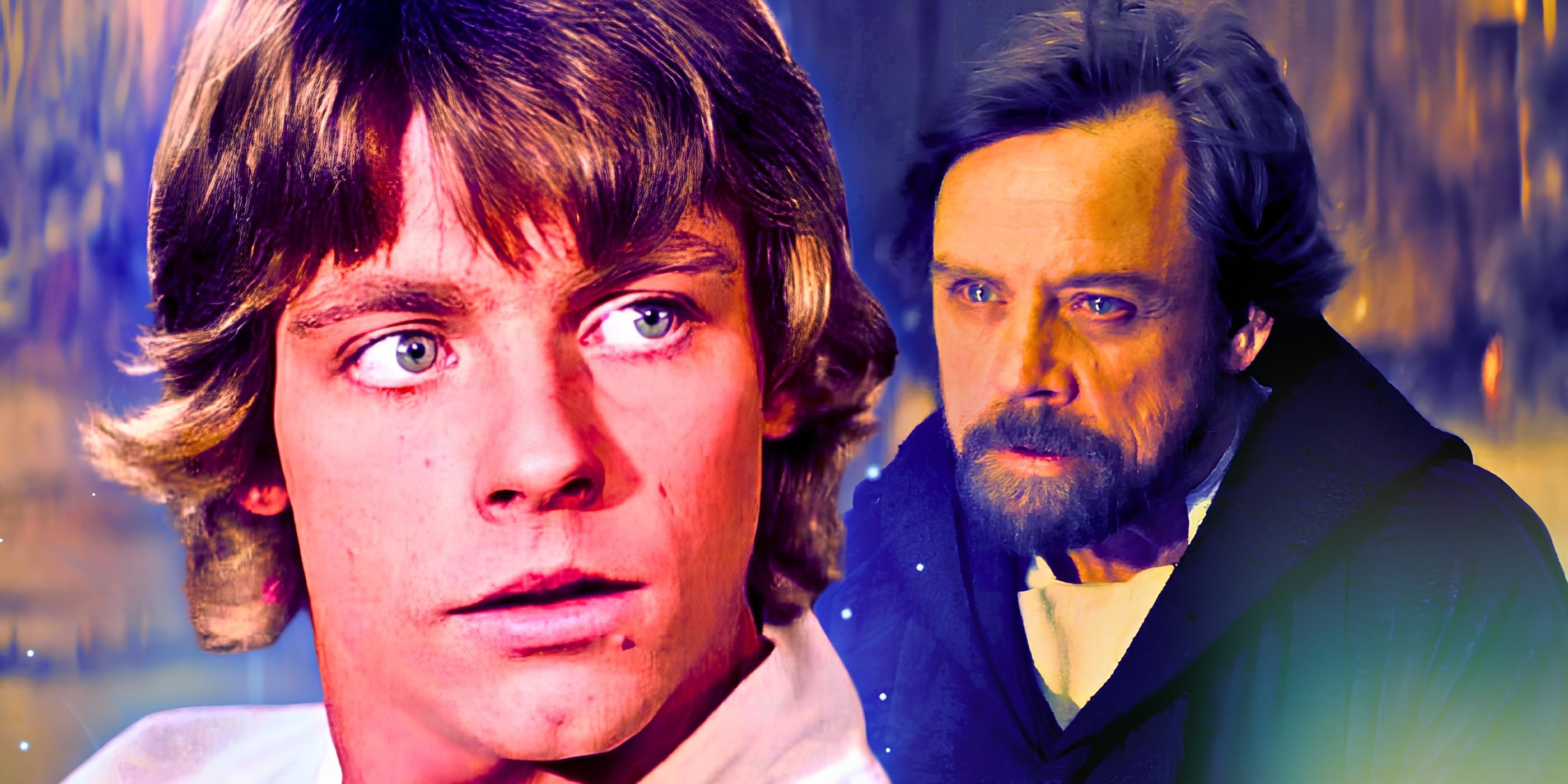 Mark Hamill as Luke Skywalker in A New Hope to the left and in The Last Jedi to the right in a combined image