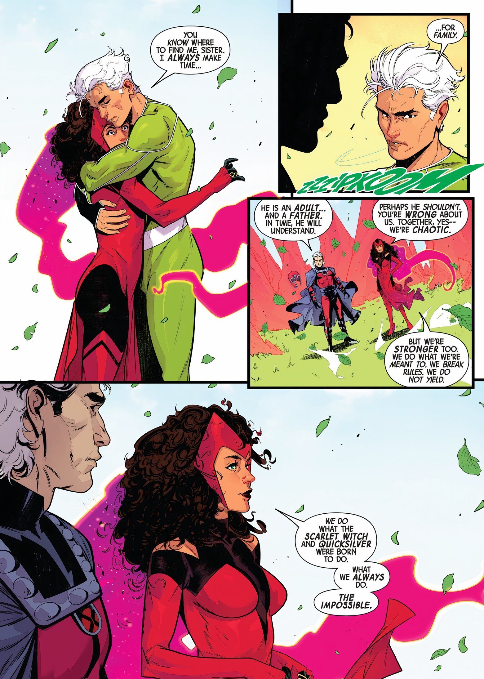 Mercúrio dá um abraço de despedida na Feiticeira Escarlate.  Magneto e Wanda Maximoff conversam. 