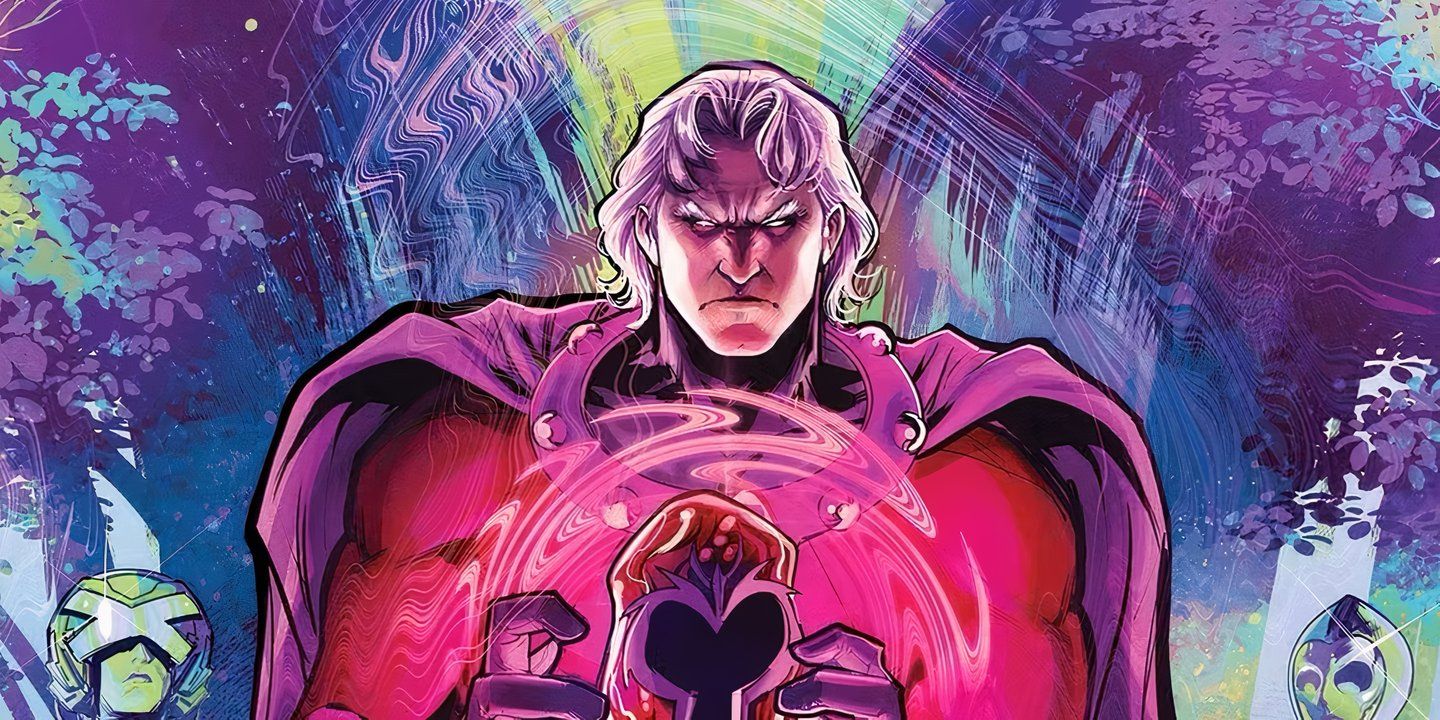 Magneto faz uma careta, esmagando seu capacete icônico com seus poderes, enquanto Charles Xavier e Destiny observam ao fundo.