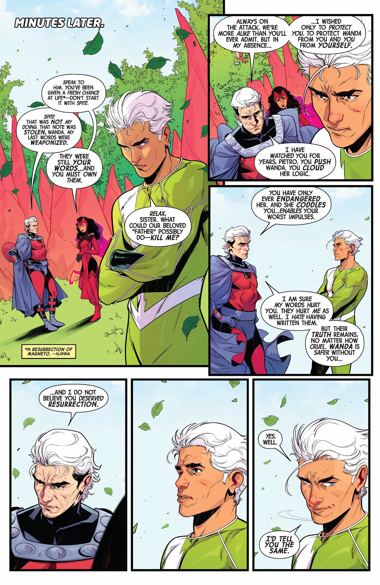 Magneto conversa com Feiticeira Escarlate e Mercúrio.  Mercúrio e Magneto parecem desconfortáveis. 