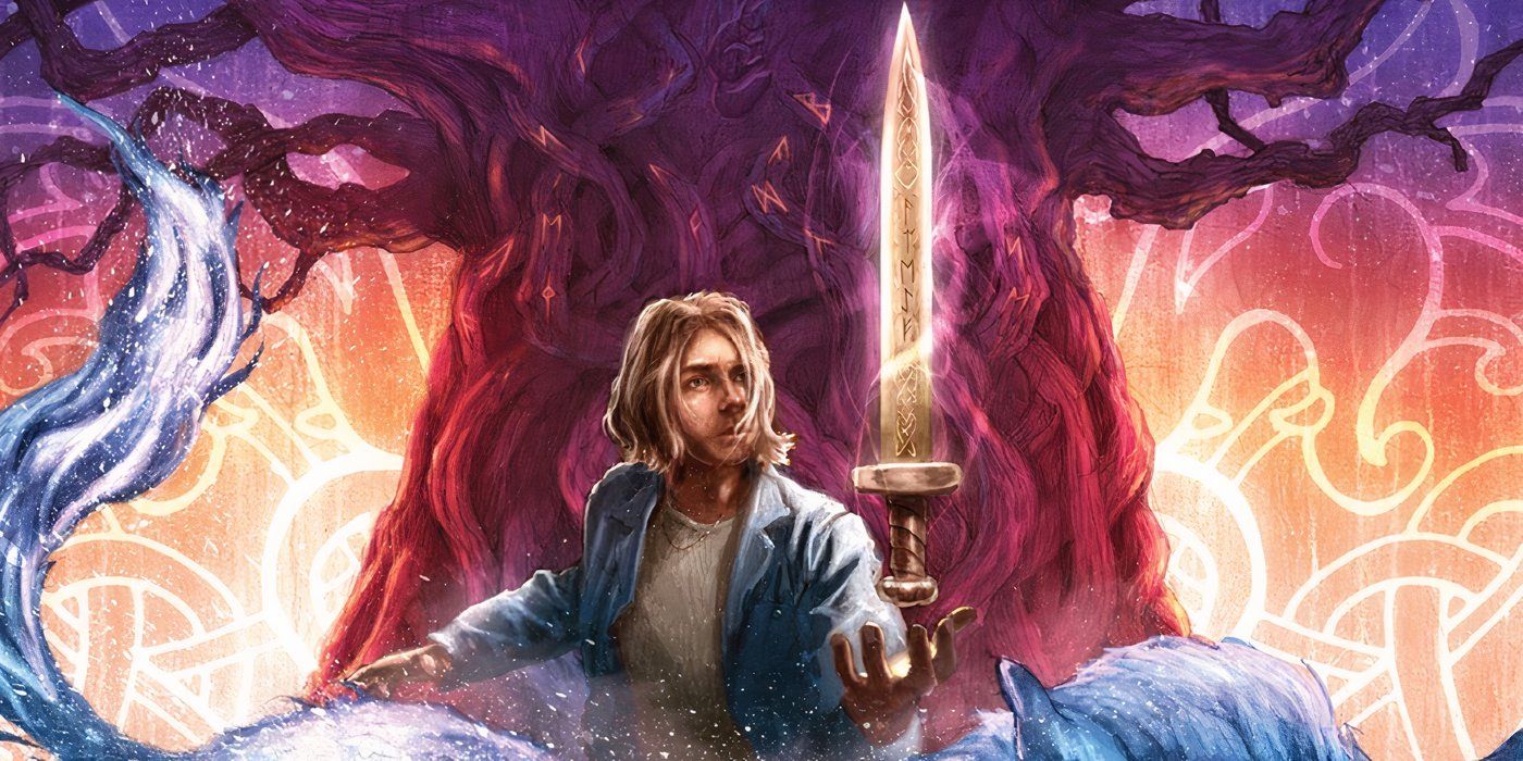 Magnus holding up a sword on the cover of The Sword of Summer from Magnus Chase and the Gods of Asgard.