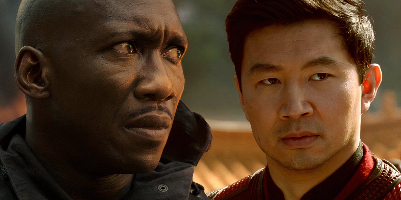 Mahershala Ali as Boggs in Hunger Games Mockingjay Part 1 (2014) on the left, Simu Liu as Shang-Chi in Shang-Chi (2021) on the right