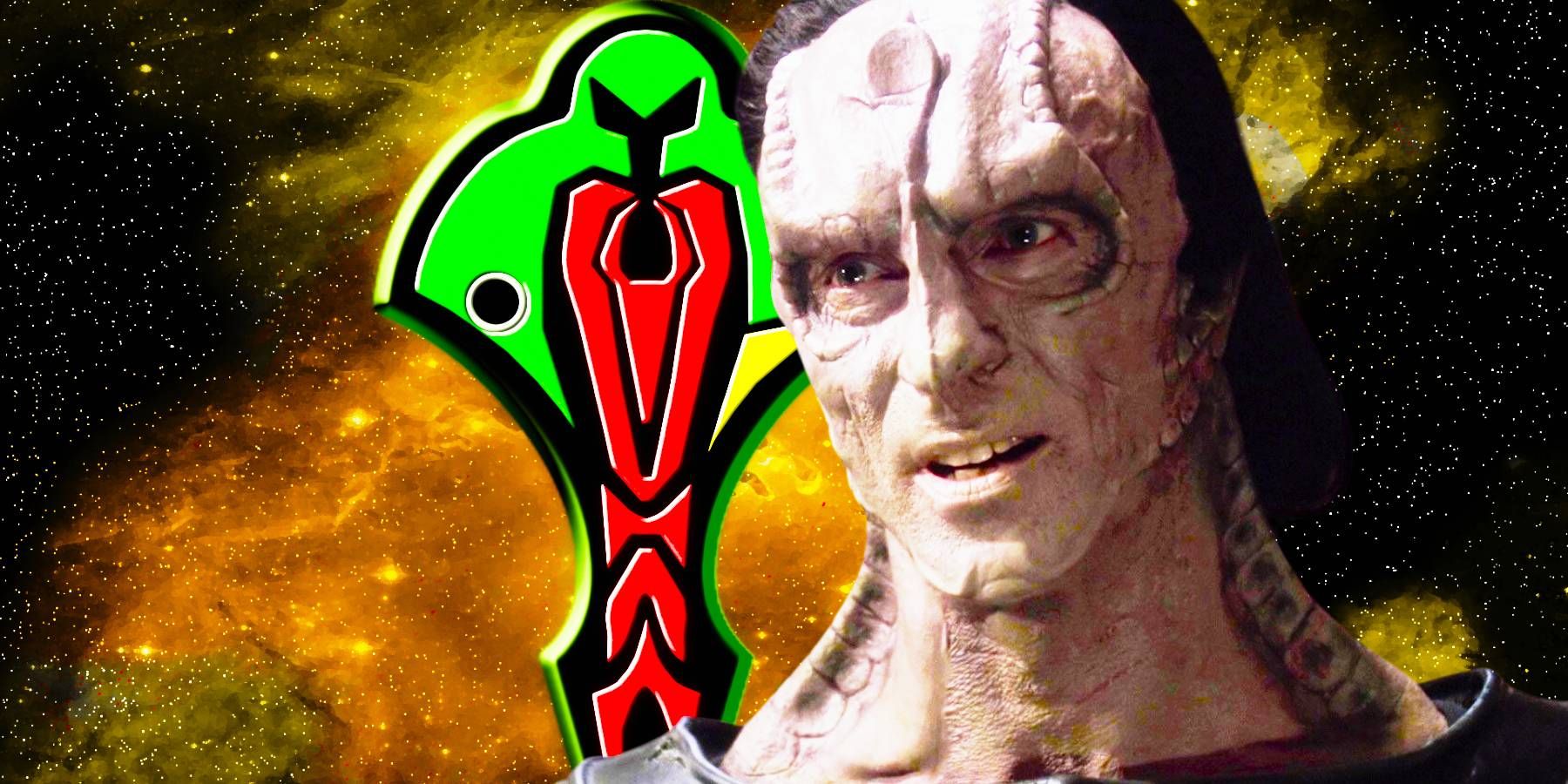 Marc Alaimo as Gul Dukat with a Cardassian symbol behind him