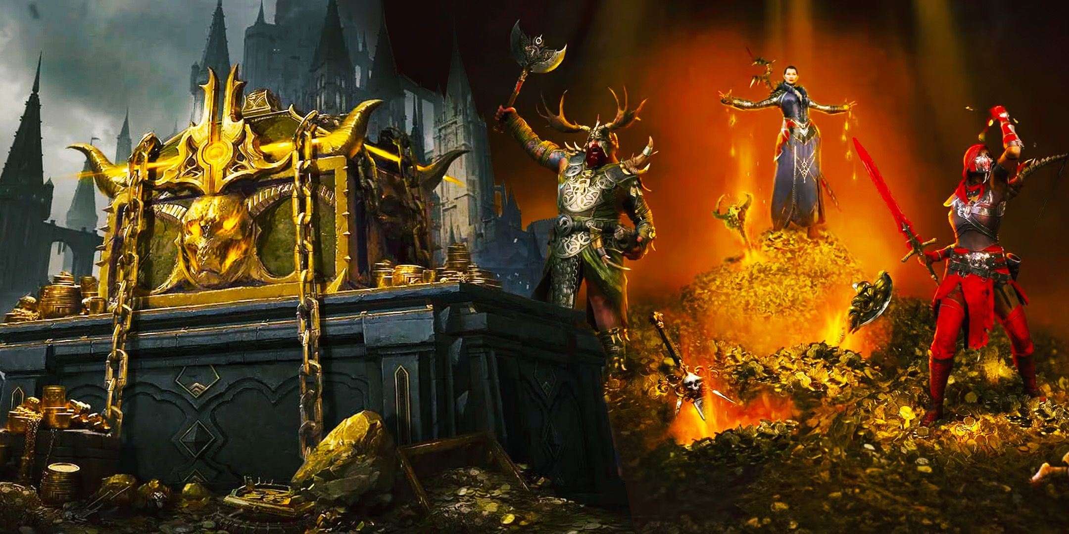 A Greed Chest and characters standing on top of a loot pile in Diablo 4