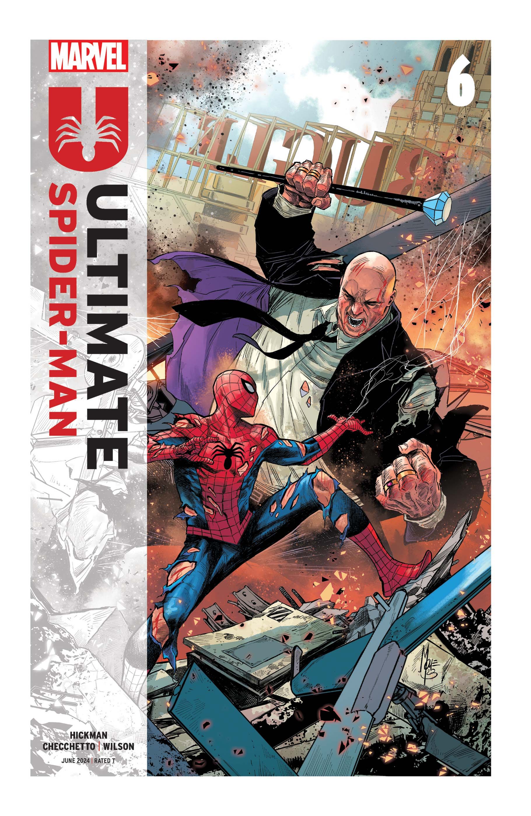 Ultimate Spider-Man #6 cover, featuring the Webslinger fighting against Kingpin on a rubble-strewn street.