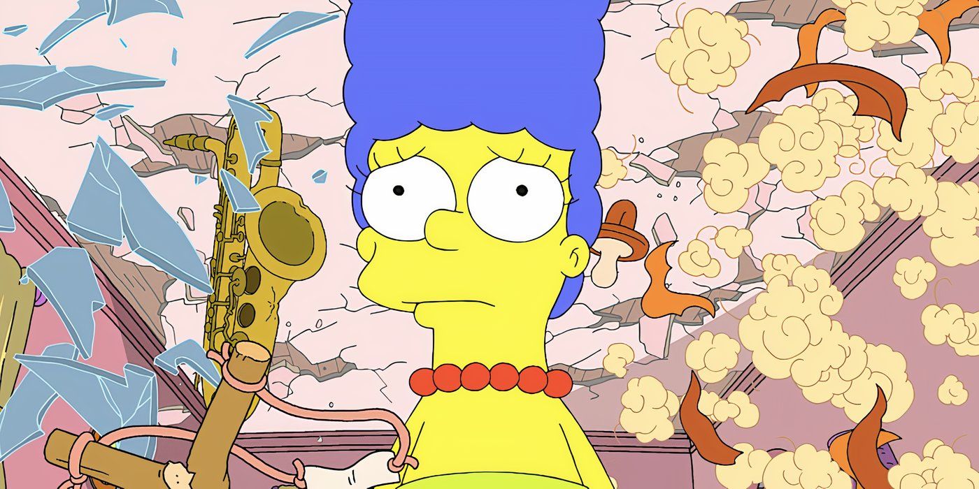 Marge looks sad surrounded by the detritus of her children's lives (including Lisa's saxophone, Bart's slingshot, and Maggie's pacifier) in The Simpsons season 35 episode 2