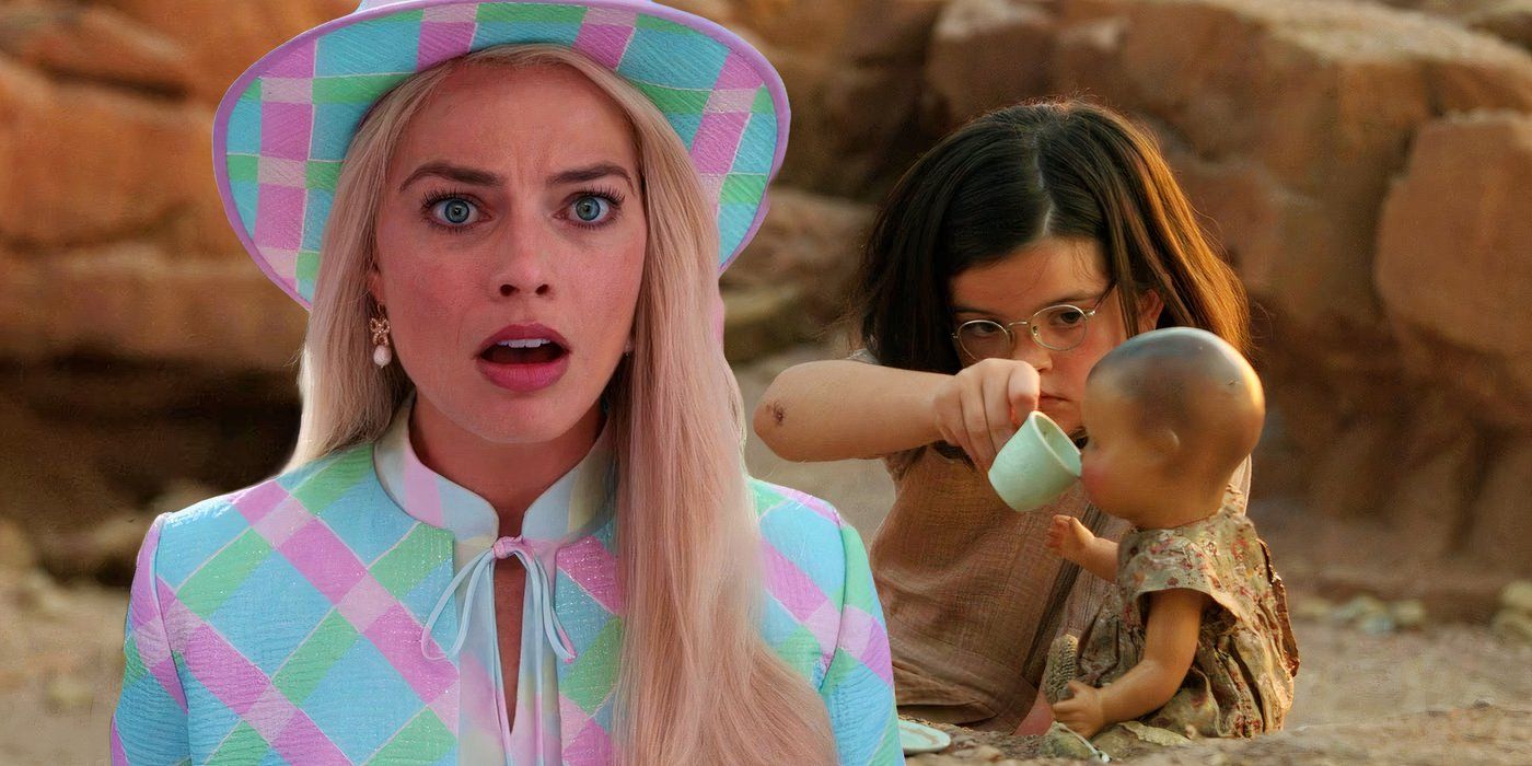 Margot Robbie as Barbie Gasping in Front of a Girl Playing with a Baby Doll