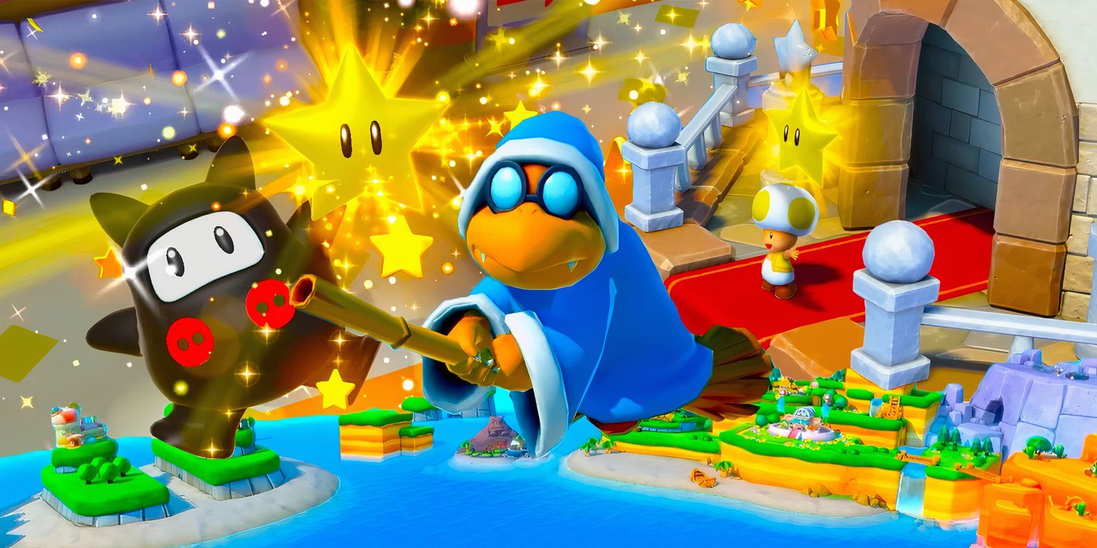 Ninja y Toad sostienen las estrellas en el Super Mario Party Jamboree mientras Kamen mira a la cámara en el centro de la imagen.