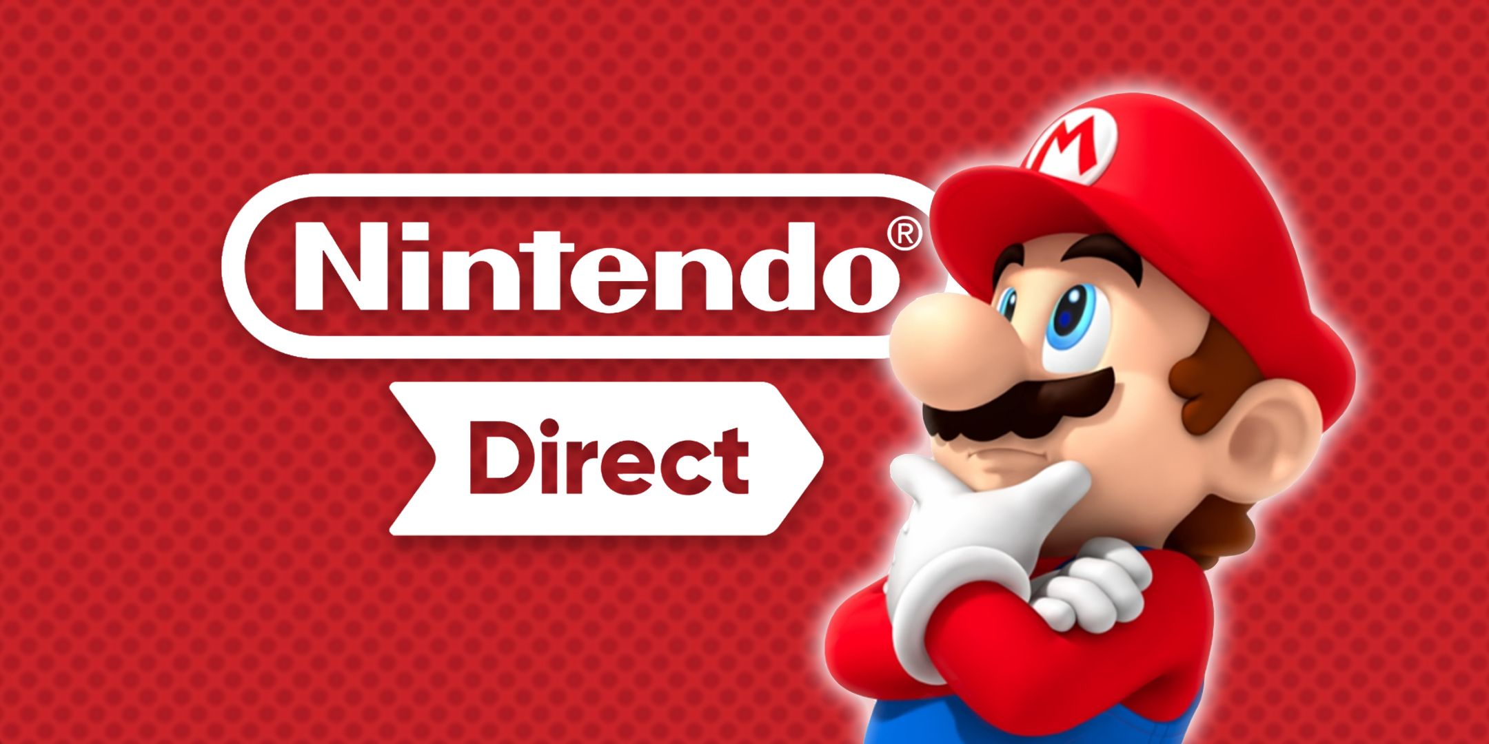 Mario Thinking next to the Nintendo Direct Logo on a red background.
