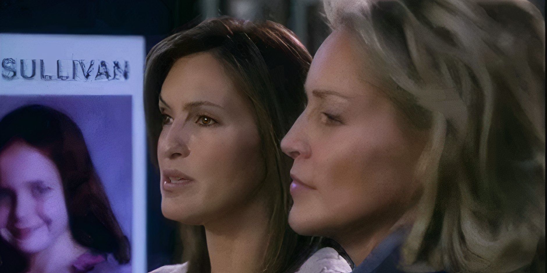 Mariska Hargitay and Sharon Stone in front of a photograph of a young girl in the SVU episode Torch