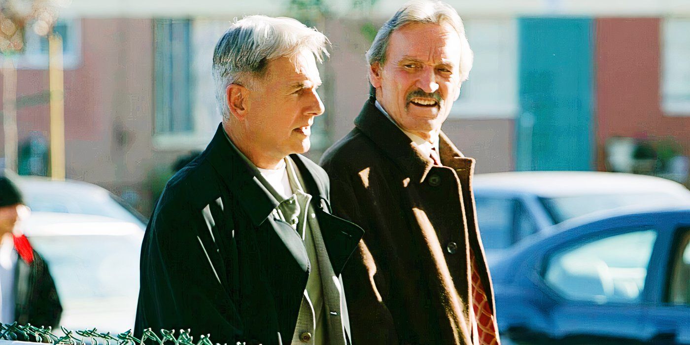 Mark Harmon as Gibbs and Muse Watson as Franks walking outside in NCIS