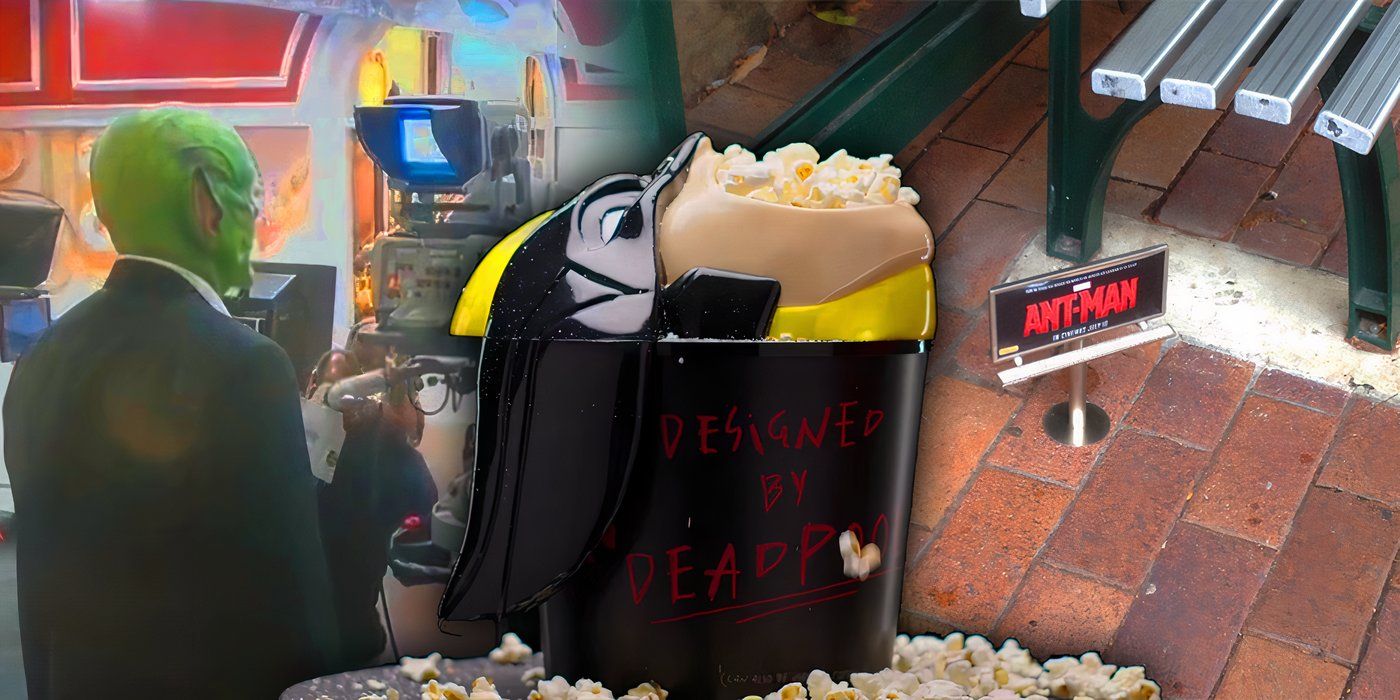 The Deadpool & Wolverine popcorn bucket in front of a skrull in a news broadcast and a tiny Ant-Man billboard