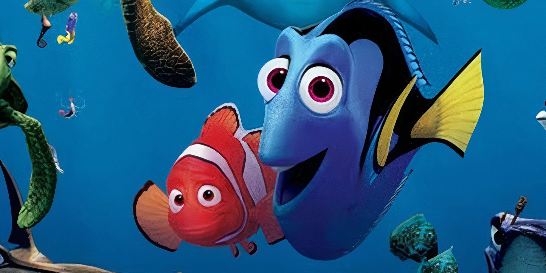 Marlin and Dory among other sea creatures in Pixar's Finding Nemo